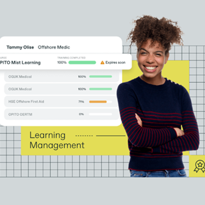 A person stands smiling against a grid background, with a learning management dashboard showing various training completion percentages and a "Expires soon" notification.