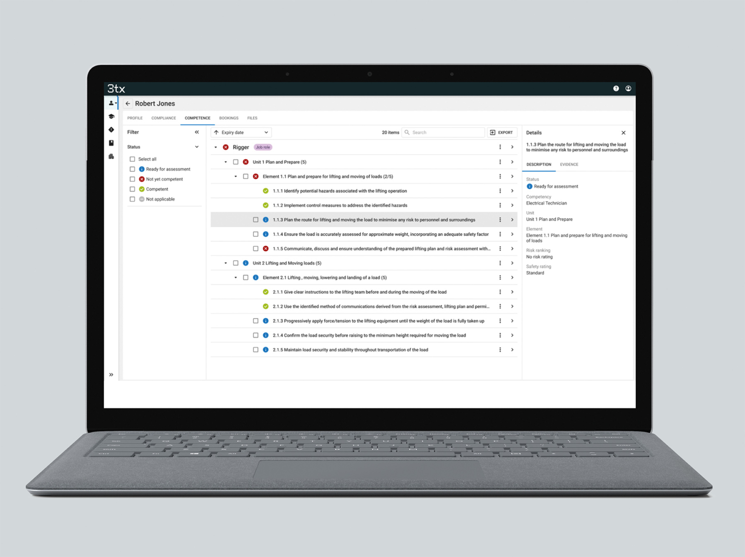 شاشة كمبيوتر محمول تعرض واجهة إدارة المشروع مع قوائم بالمهام ومؤشرات التقدم وتفاصيل المهام المعينة. يعرض الشريط الجانبي فئات ومرشحات مختلفة للتنقل.