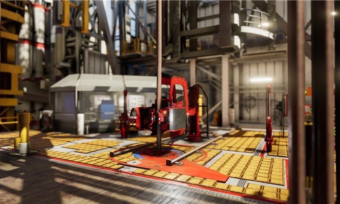 An industrial drilling platform with machinery and equipment, featuring a central red drill on a yellow-tiled surface. It includes supporting structures, a control room, and dedicated training areas for new operators to learn essential skills.