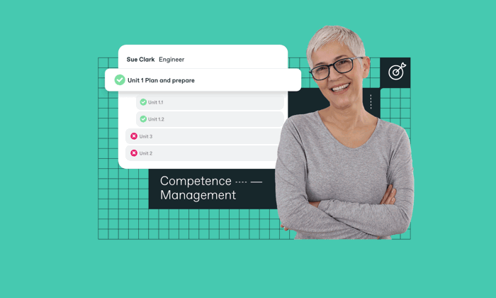 Smiling person with short gray hair in a gray long-sleeve shirt, standing next to a list titled "Competence Management" with completion checkmarks.