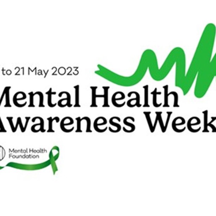 A white background with the text "15 to 21 May 2023 Mental Health Awareness Week" and a green wave graphic above. The Mental Health Foundation logo and a green ribbon appear at the bottom left.