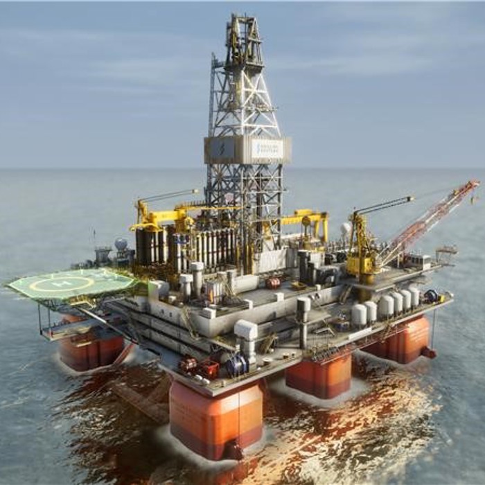 Uma plataforma petrolífera offshore com um heliporto e gruas está situada num mar calmo sob um céu limpo, como uma instalação de treino avançado pronta para a sua próxima missão.