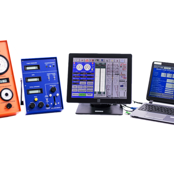 A set of four diagnostic tools, including an orange panel with gauges, a blue control unit, a monitor displaying technical data, and a laptop connected via cables, all used for equipment diagnostics.