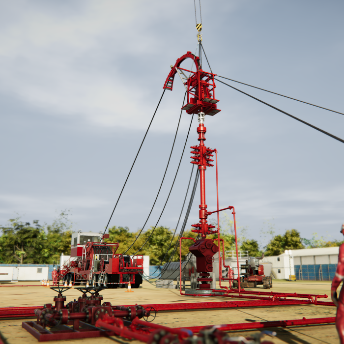 An oil drilling setup with red machinery and cranes is bustling with activity. A worker in red protective gear and a helmet stands nearby, perhaps undergoing training. Trees and buildings form the backdrop to this industrious scene.