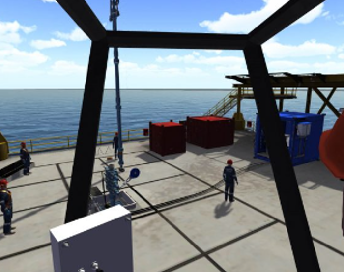 Workers on an offshore platform engage in various activities under clear skies, surrounded by industrial equipment and safety gear, with the ocean in the background.