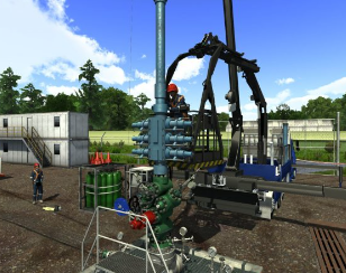A construction site with workers operating heavy machinery and equipment in an outdoor setting with blue skies and trees in the background.