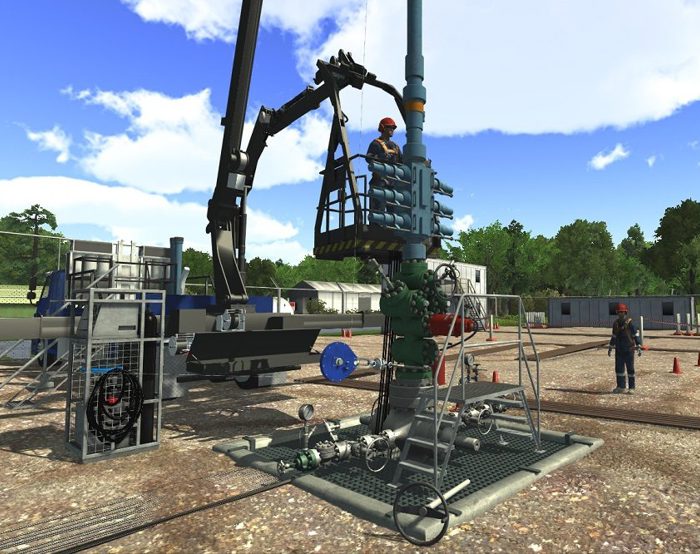 Workers operate equipment on an oil rig site with a crane lifting a worker in a cage. The surrounding area includes machinery, tools, and temporary buildings under a clear sky.