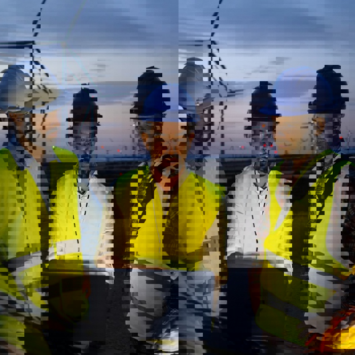 Three workers in safety gear and helmets undergo training as they examine a laptop near wind turbines at dusk.